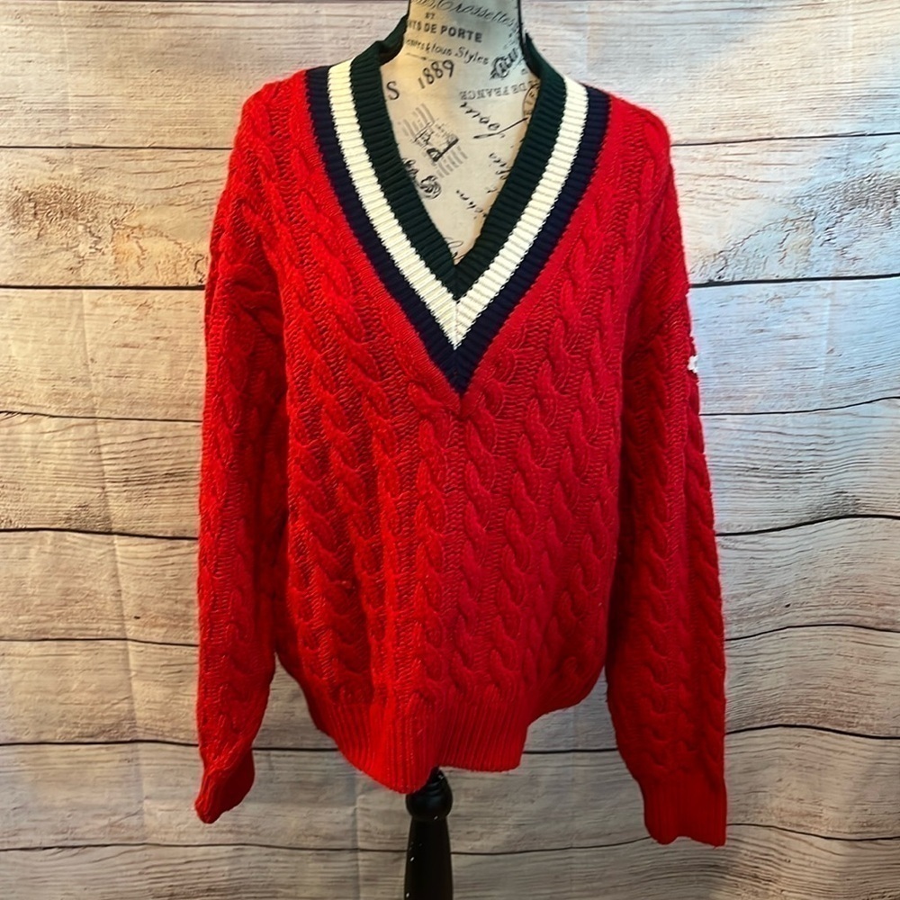 Vintage Privata Sweater Cable Knit Made in Spain V-neck Preppy Red Size Medium